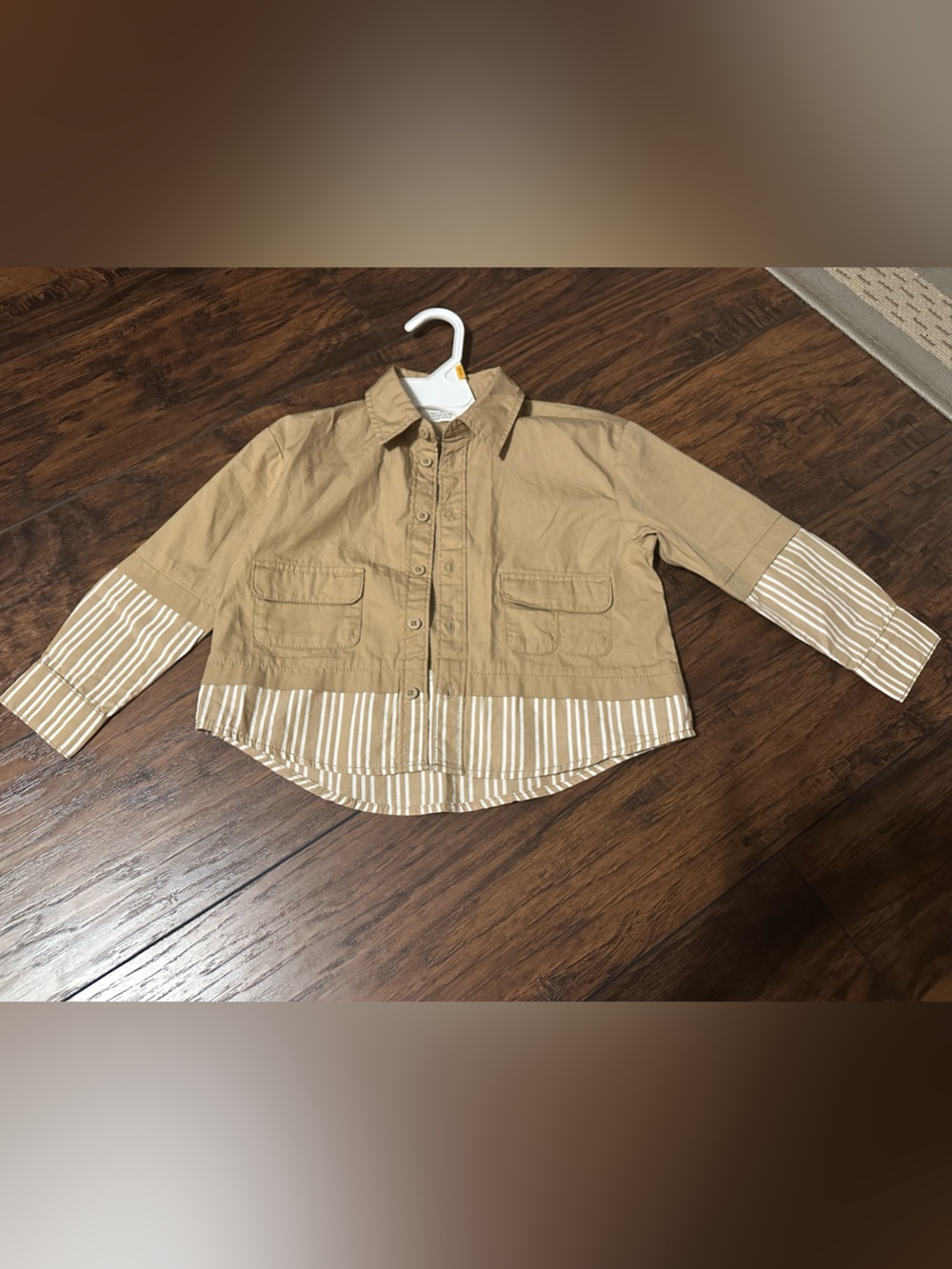 H&M Tan Button-Down Shirt with Striped Hem and Cuffs